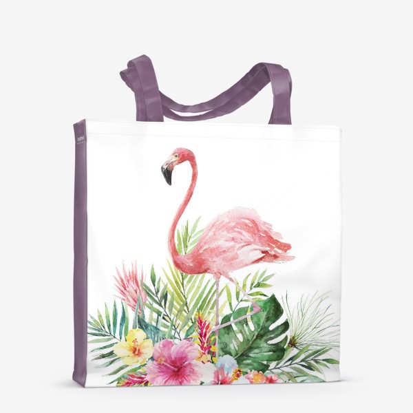 Сумка-шоппер «Тропическая композиция цветы, пальмовые листья и розовый фламинго»