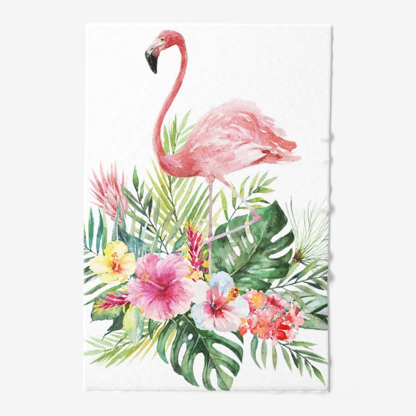 Полотенце «Тропическая композиция цветы, пальмовые листья и розовый фламинго»