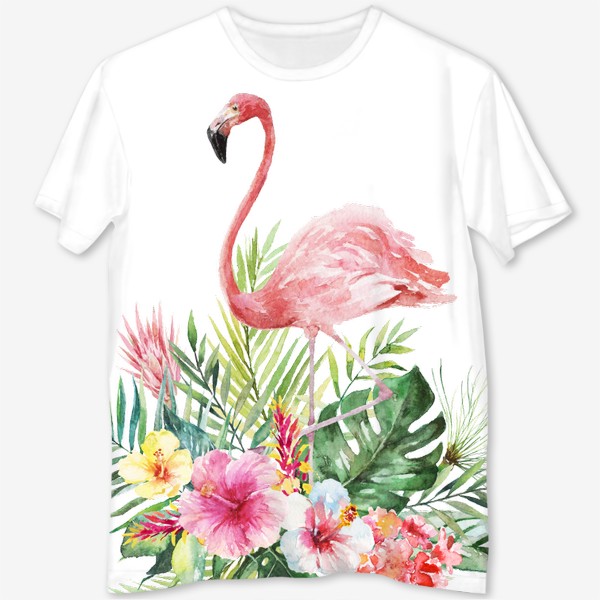 Футболка с полной запечаткой &laquo;Тропическая композиция цветы, пальмовые листья и розовый фламинго&raquo;