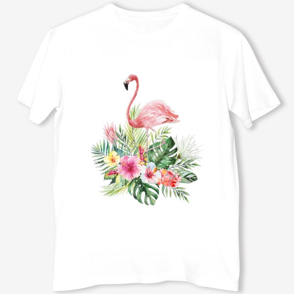 Футболка «Тропическая композиция цветы, пальмовые листья и розовый фламинго»