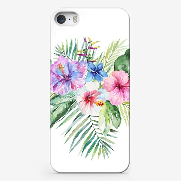 Чехол iPhone «Букет тропических цветов и пальмовых листьев акварель»