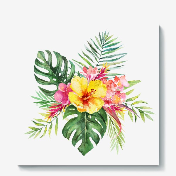 Холст «Букет тропических цветов и пальмовых листьев акварель»