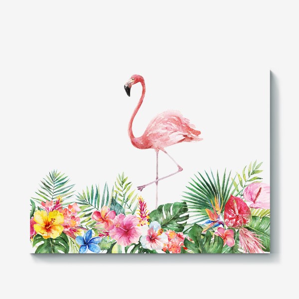 Холст «Букет тропических цветов и розовый фламинго акварель»