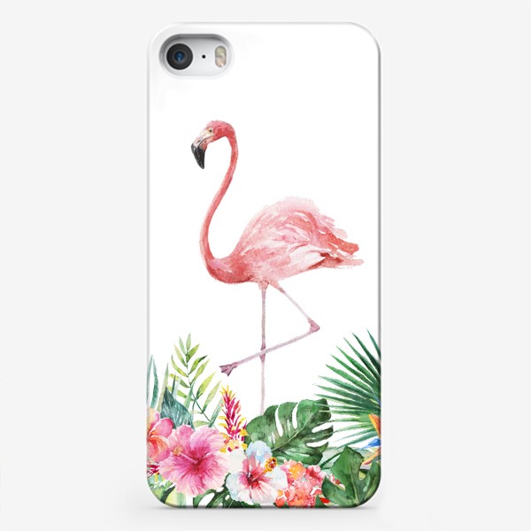 Чехол iPhone «Букет тропических цветов и розовый фламинго акварель»