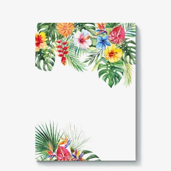 Холст «Букет тропических цветов и пальмовых листьев акварель»