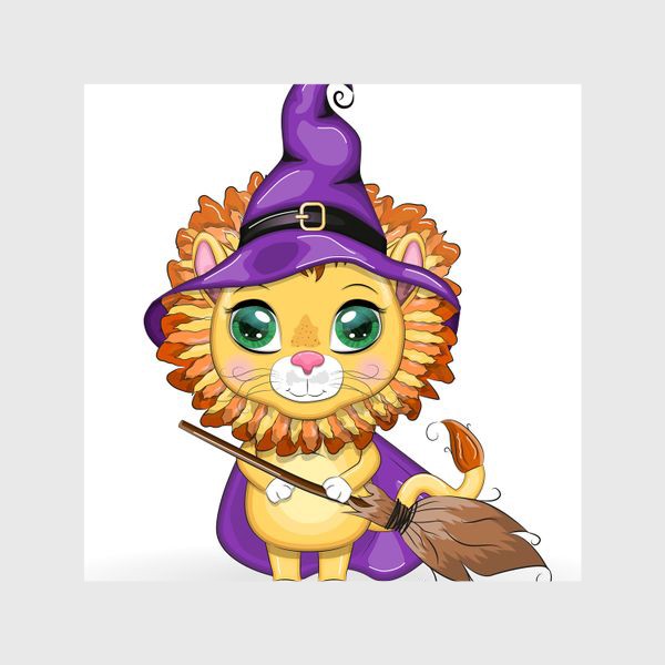 Шторы «Лев-волшебник в остроконечной шляпе и фиолетовом плаще с метлой. Знак зодиака Лев. Волшебник изумрудного города.»