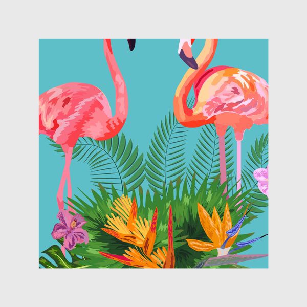 Шторы «Розовые фламинго с тропическими цветами»