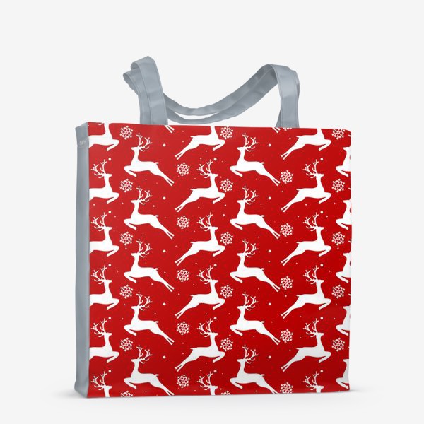 Сумка-шоппер «Новогодние олени со снежинками на красном фоне»