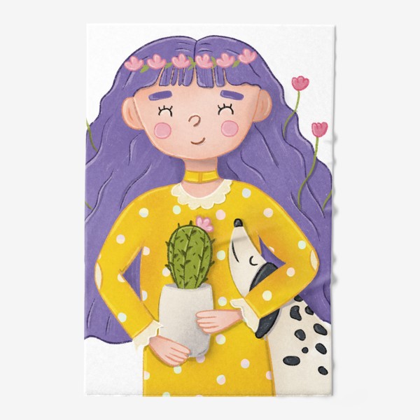 Полотенце «Милая девочка с цветами и собакой»