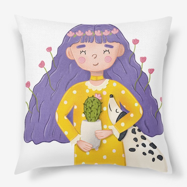 Подушка «Милая девочка с цветами и собакой»