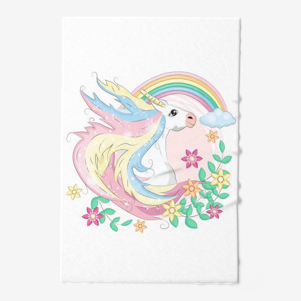 Полотенце «Белый единорог с радугой и цветами, волшебные существа»