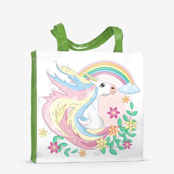 Сумка-шоппер «Белый единорог с радугой и цветами, волшебные существа»