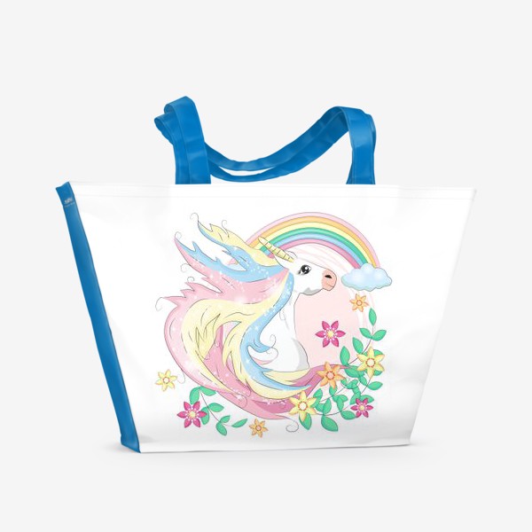 Пляжная сумка «Белый единорог с радугой и цветами, волшебные существа»