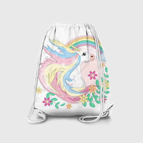 Рюкзак «Белый единорог с радугой и цветами, волшебные существа»