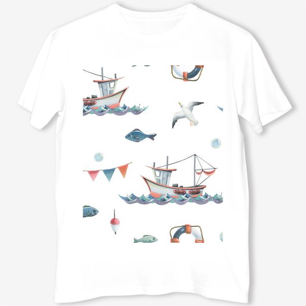 Футболка &laquo;Кораблики. чайки, рыбки, флажки. Акварельный паттерн.&raquo;