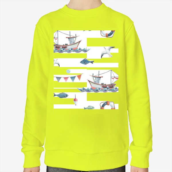 Свитшот «Кораблики. чайки, рыбки, флажки. Акварельный паттерн.»