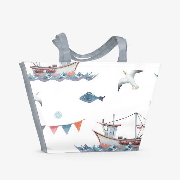 Пляжная сумка &laquo;Кораблики. чайки, рыбки, флажки. Акварельный паттерн.&raquo;