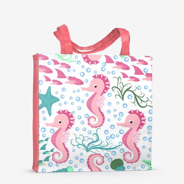 Сумка-шоппер «Морской конек розовый и рыбки, водоросли, пузыри паттерн»