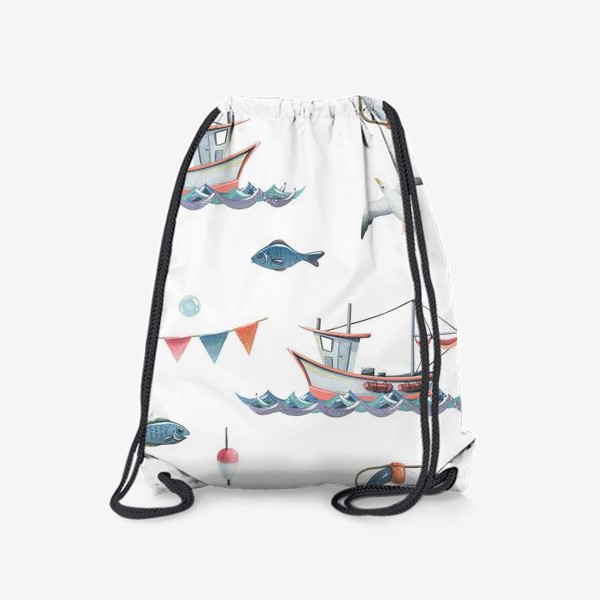Рюкзак «Кораблики. чайки, рыбки, флажки. Акварельный паттерн.»
