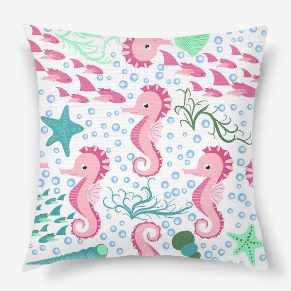 Подушка «Морской конек розовый и рыбки, водоросли, пузыри паттерн»