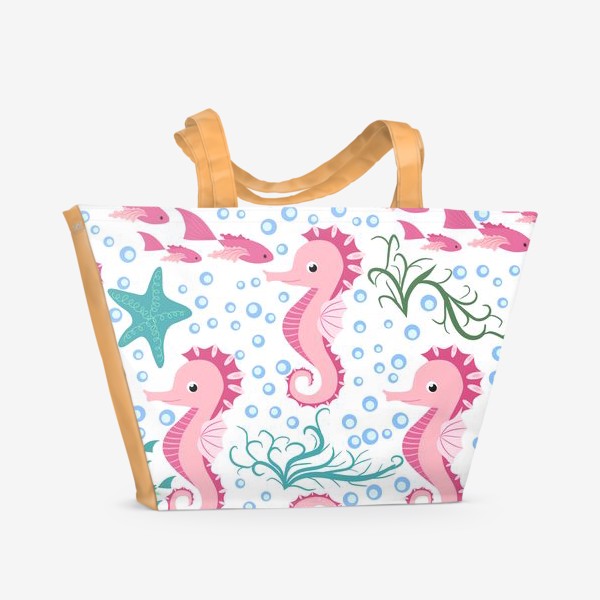 Пляжная сумка &laquo;Морской конек розовый и рыбки, водоросли, пузыри паттерн&raquo;