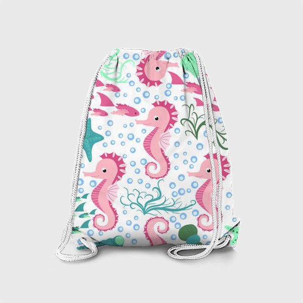 Рюкзак «Морской конек розовый и рыбки, водоросли, пузыри паттерн»