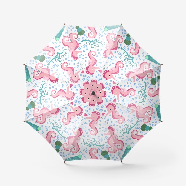 Зонт «Морской конек розовый и рыбки, водоросли, пузыри паттерн»