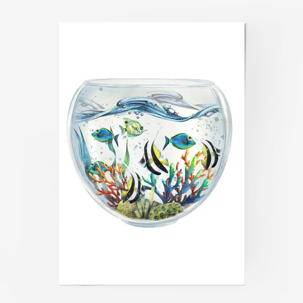 Постер «Яркие тропические рыбки, аквариум. Акварельные.»
