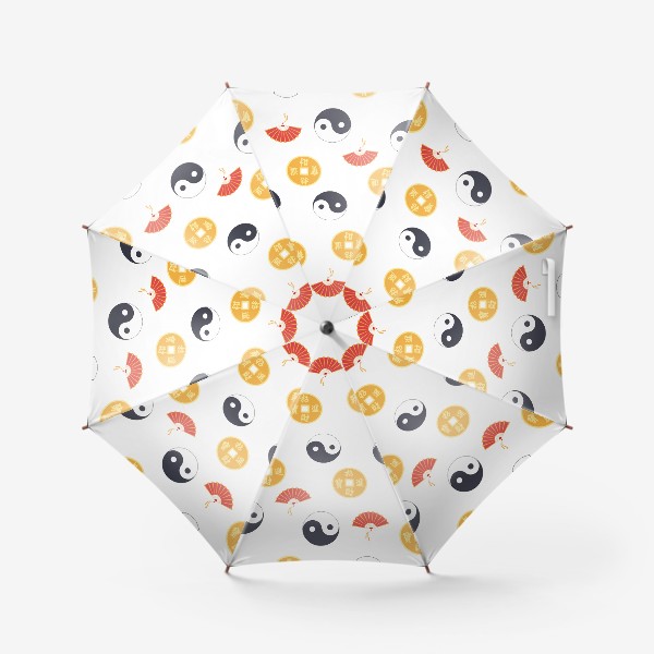 Зонт «Китайские традиционные монетки, инь-ян, веер. Паттерн к деньгам и удаче»