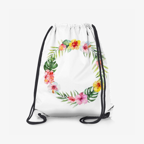 Рюкзак «Венок из тропических цветов и пальмовых листьев акварель»