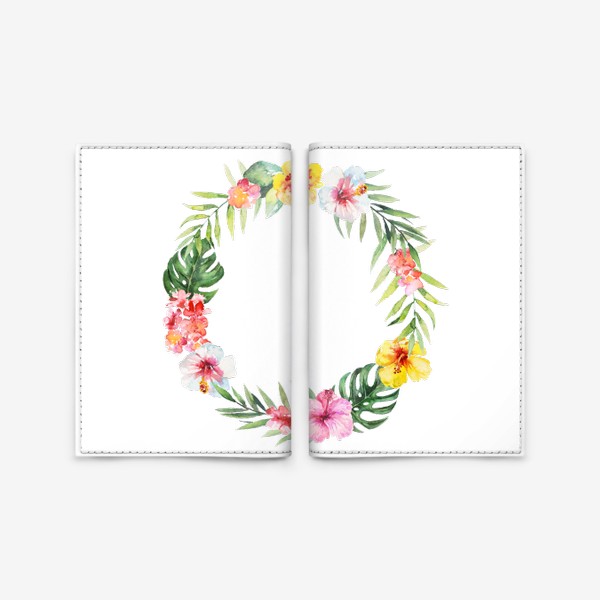 Обложка для паспорта «Венок из тропических цветов и пальмовых листьев акварель»