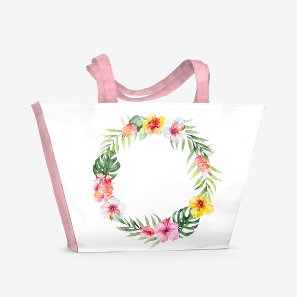 Пляжная сумка &laquo;Венок из тропических цветов и пальмовых листьев акварель&raquo;