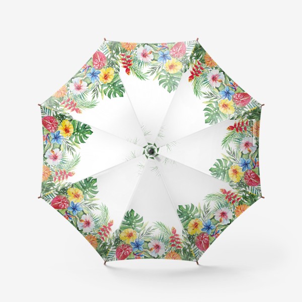 Зонт &laquo;Букет тропических цветов и пальмовых листьев акварель&raquo;