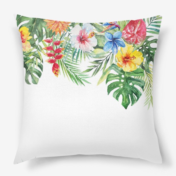 Подушка «Букет тропических цветов и пальмовых листьев акварель»