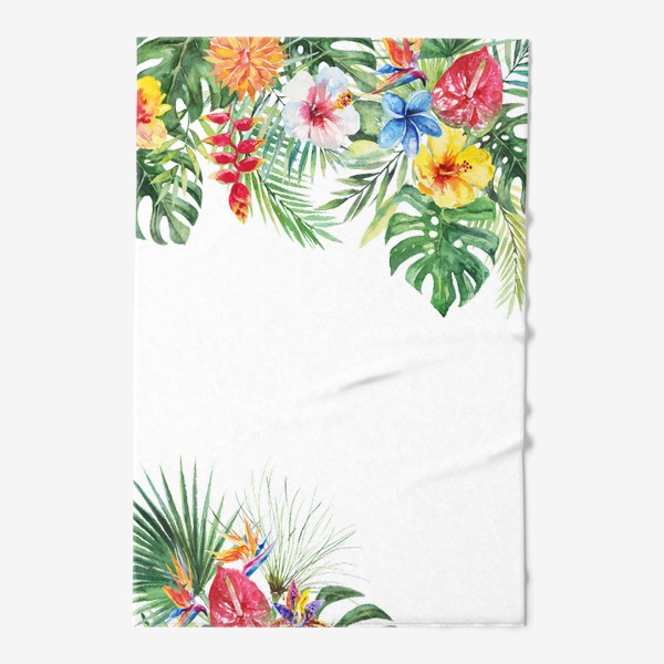 Полотенце «Букет тропических цветов и пальмовых листьев акварель»
