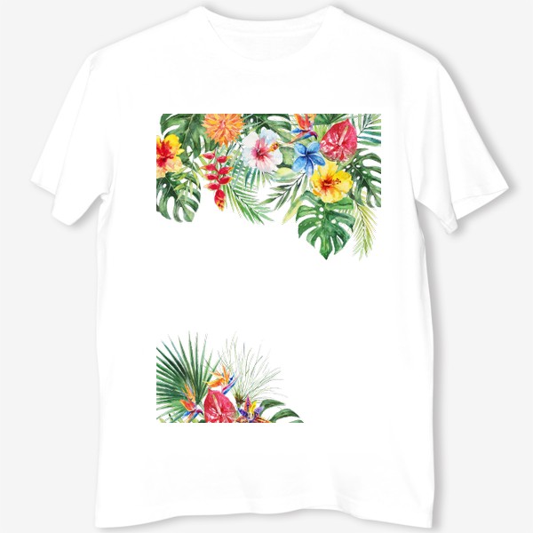Футболка «Букет тропических цветов и пальмовых листьев акварель»