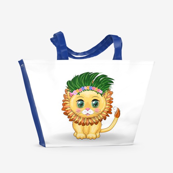 Пляжная сумка «Зеленоглазый львенок в гавайском наряде. Знак зодиака Лев»