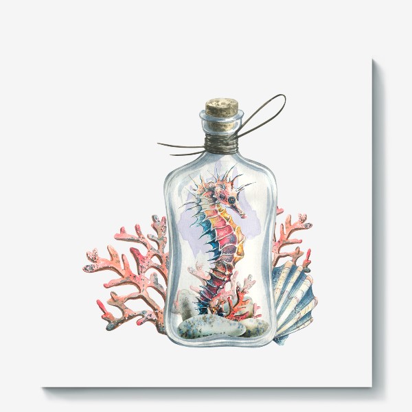 Холст «Морской конек в бутылочке, кораллы, ракушки. Акварель.»