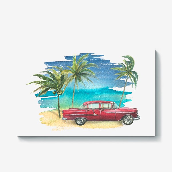 Холст &laquo;Ретро машина на фоне моря с пальмами. Кубинский. Куба. Акварель.&raquo;