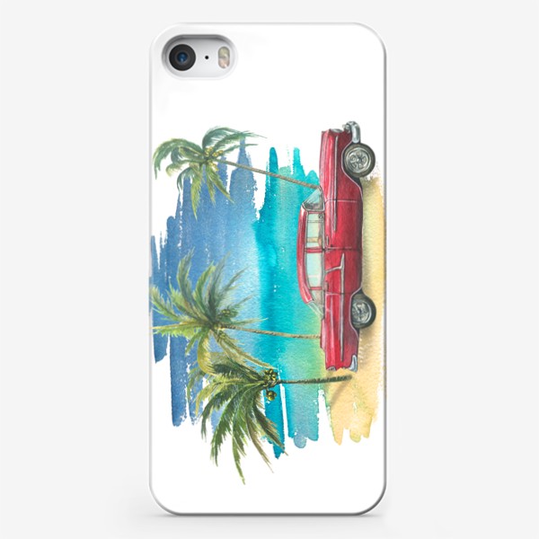 Чехол iPhone «Ретро машина на фоне моря с пальмами. Кубинский. Куба. Акварель.»