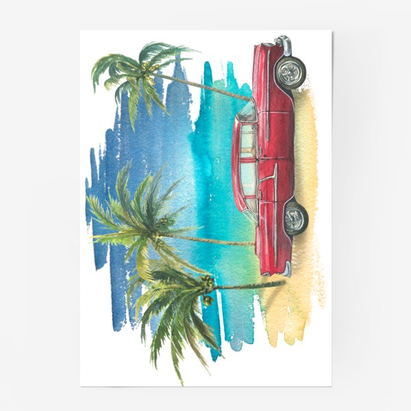 Постер «Ретро машина на фоне моря с пальмами. Кубинский. Куба. Акварель.»