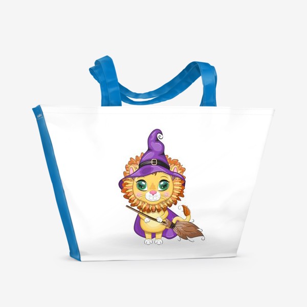 Пляжная сумка «Лев-волшебник в остроконечной шляпе и фиолетовом плаще с метлой. Знак зодиака Лев. Волшебник изумрудного города.»