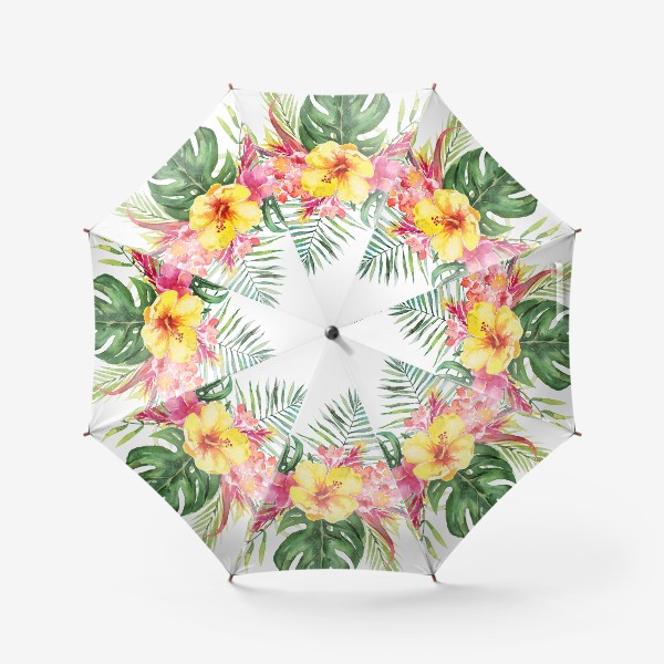 Зонт «Букет тропических цветов и пальмовых листьев акварель»