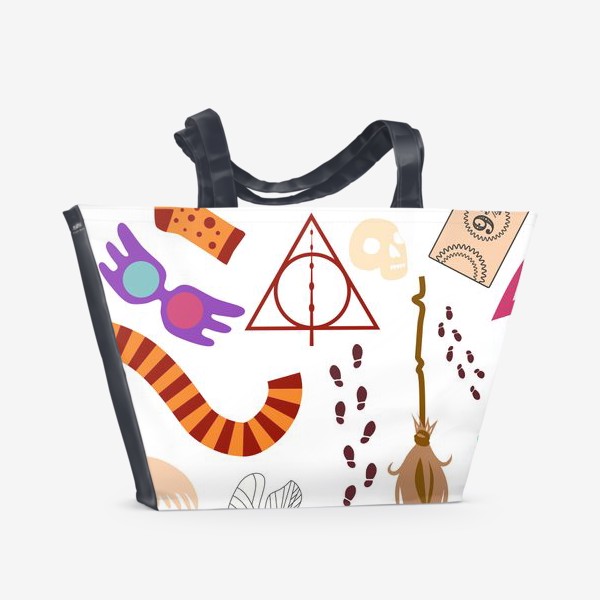 Пляжная сумка «Волшебные предметы паттерн. Гарри Поттер, школа Хогвартс »