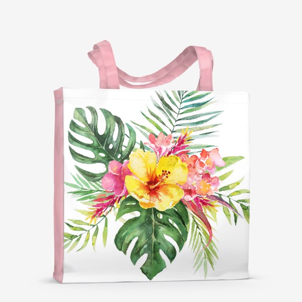 Сумка-шоппер «Букет тропических цветов и пальмовых листьев акварель»