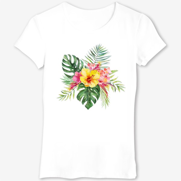 Футболка «Букет тропических цветов и пальмовых листьев акварель»