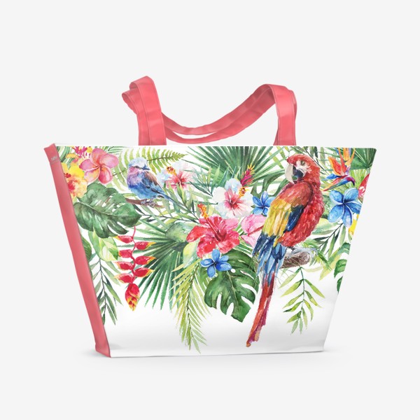 Пляжная сумка «Букет тропических цветов и пальмовых листьев акварель»