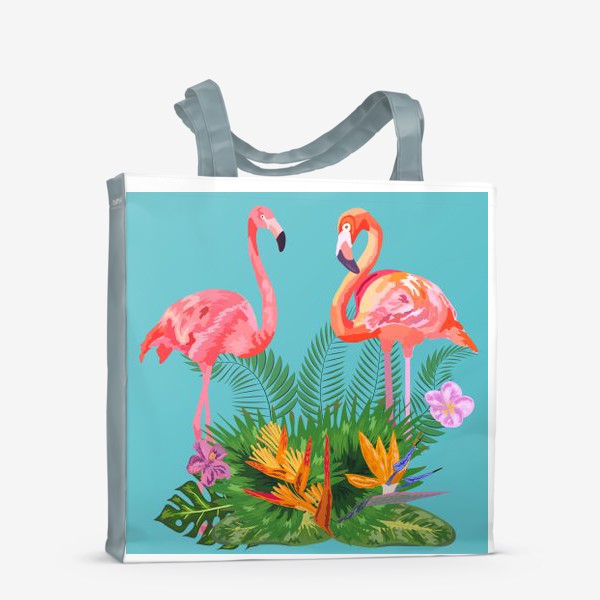 Сумка-шоппер «Розовые фламинго с тропическими цветами»