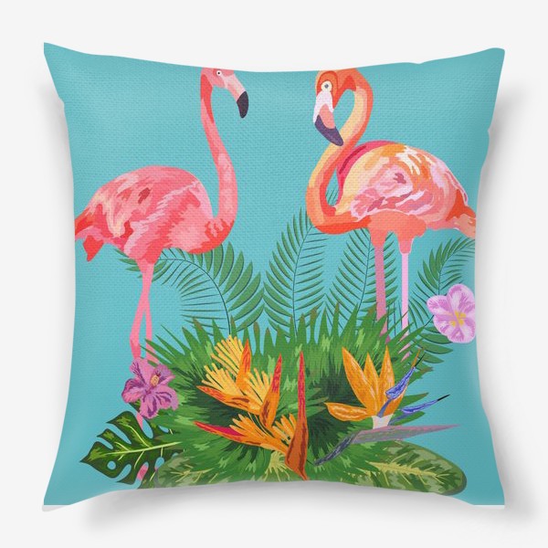 Подушка «Розовые фламинго с тропическими цветами»