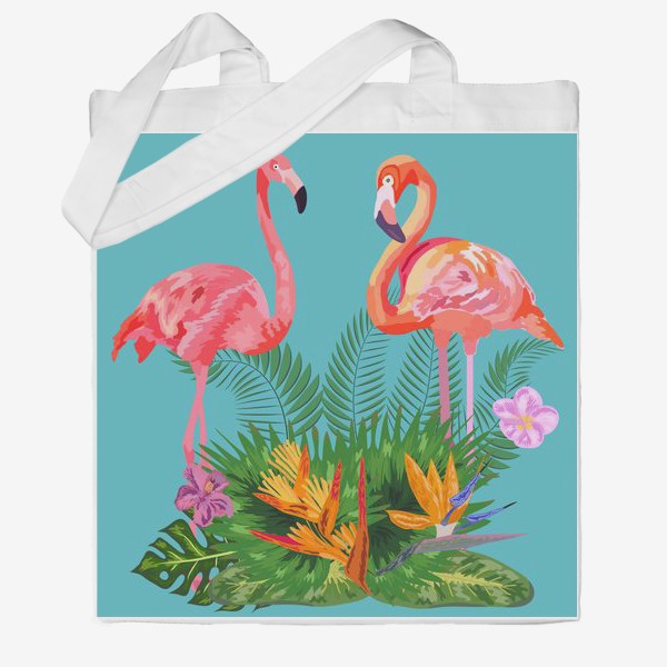 Сумка хб «Розовые фламинго с тропическими цветами»